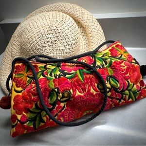 Thai Floral Embroidered Small Handbag with Crossbody Strap